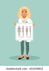 Female Intern with a poster with the human anatomy. Vector illustration
