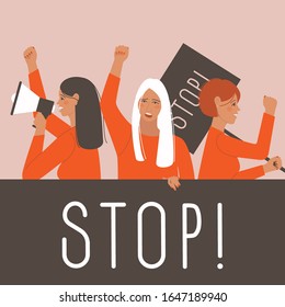 Female international movement. Protest fist. Announcement in a megaphone. Banner with place for text. Student protest. Vector illustration flat.