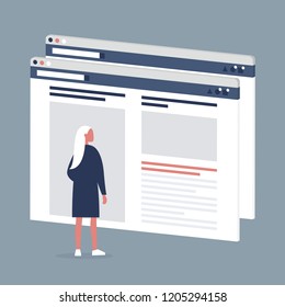 Female Internet user visiting a webpage. Lifestyle media. Website layout. Content. Technology. Flat editable vector illustration, clip art