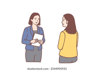 female interview with folder talk with passerby on road. Hand drawn style vector design illustrations.