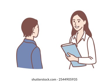 female interview with folder talk with passerby on road. Hand drawn style vector design illustrations.