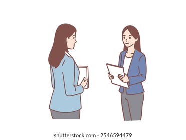 female interview with folder talk with passerby on road. Hand drawn style vector design illustrations.