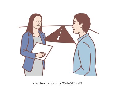 female interview with folder talk with passerby on road. Hand drawn style vector design illustrations.