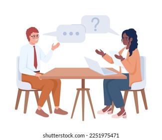 Female interviewer asking potential employee semi flat color vector characters. Editable figures. Full body people on white. Simple cartoon style illustration for web graphic design and animation
