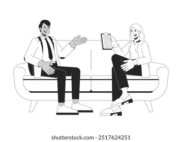 Female interviewer conducting interview job candidate black and white 2D line characters. Blonde woman interviewing indian man on couch isolated vector outline people. Monochromatic spot illustration