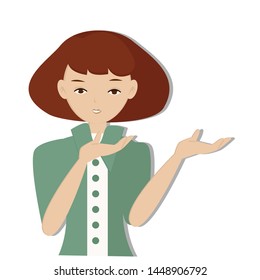 Female introduce something. Emotion and body language concept. vector illustration.