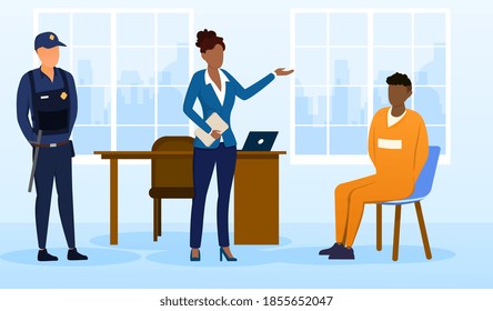 A female investigator, detective or lawyer is interrogating or communicating with a suspect in a crime in her office, accompanied by a police officer. Cartoon flat vector illustration