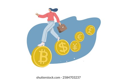 Female investor walks on different currency coins, pound, euro, yen, dollar, bitcoin, Symbol of investment, Global finance and investment, Flat vector design illustration. 
