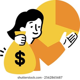 Female investors' use of NISA: Illustration of stocks and investment trusts with dollars and pie charts_A woman holding a bag of money