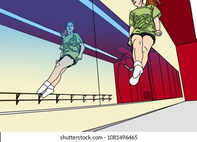 Female Irish Dancer Jumping in a Mirror in a Dance Studio