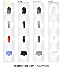 Female jacket, clothes pants, dress, shorts. Women's clothing set collection icons in cartoon black monochrome outline style vector symbol stock illustration web.