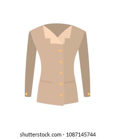 Female jacket double-breasted beige coat with buttons vector illustration isolated on white. New summer or spring mode, outer garment extending to waist