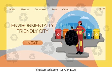 Female janitor, cleans street against backdrop of containers for garbage of different type. Sorting and recycling of waste. Concept of website, landing page design template. Flat carton vector style