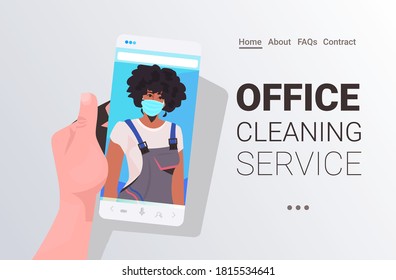 female janitor in mask cleaner on smartphone screen self isolation online cleaning service concept horizontal copy space portrait vector illustration