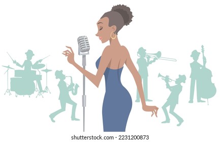 A female jazz singer and musicians silhouette performing on isolated white background. Vector illustration in flat cartoon style.