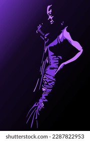 Female jazz singer is singing on the stage. Line art illustration.