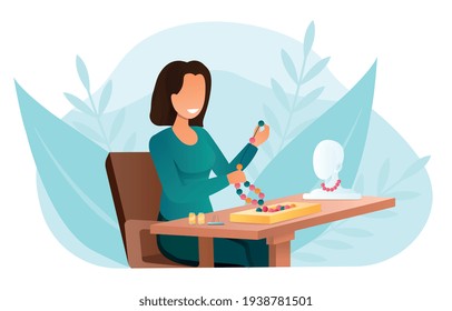 Female jewelry designer create bijouterie necklaces, earrings, bracelets using colorful beads and diy Instruments Flat abstract metaphor outline cartoon vector illustration concept Simple art isolated