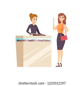 Female in jewelry store with consultant vector. Woman trying on ring with diamond, accessory made of gold and precious stone. Seller and customer