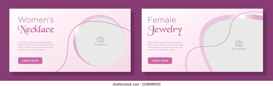 Tienda de joyas para mujeres juego de plantillas de banner en línea, publicidad de productos de collar para mujeres, anuncio horizontal, página web de la campaña de joyería rosa lindo, anillos, volante de pulseras, folleto creativo, aislado