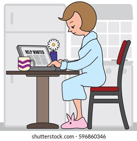 Female job seeker in bathrobe and bunny slippers is looking for work on her laptop