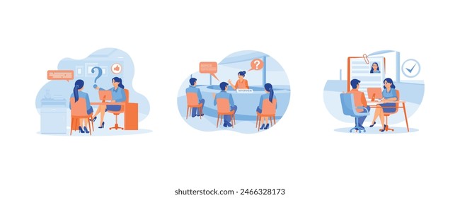 Female job seeker has job interview. Selection of employees to occupy vacant positions. The manager reads the candidate's data. Job interview concept. Set flat vector illustration.