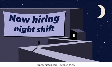 A female job seeker pauses before applying for a factory job that is for night shift, 3rd shift, jobs. Higher pay, terrible hours. This is a 3-d illustration.