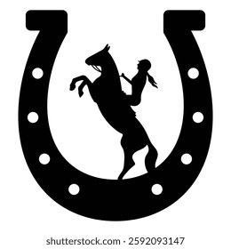 Female Jockey, Horse and Horseshoe, Hand Drawn Vector Illustration