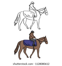 female jockey on horse vector illustration sketch doodle hand drawn with black lines isolated on white background