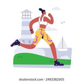 Female jogger running. Active woman, sport workout activity. Cardio exercise outdoor. Healthy girl runner jogging outside, training in summer. Flat vector illustration isolated on white background