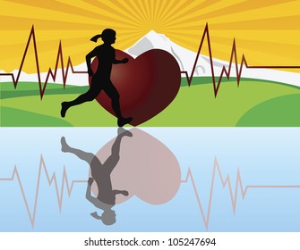 Female Jogger Running with Mountain Landscape and Heartbeat Background Illustration