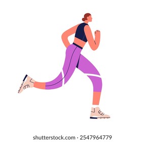 Corredor femenino corriendo al aire libre. Entrenamiento cardiovascular, entrenamiento de resistencia. Mujer atleta, perfil de corredor. Chica sana activa que trota, ejercicio del deporte. Ilustración vectorial plana aislada sobre fondo blanco