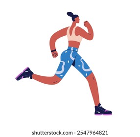 Female jogger running outdoors. Cardio workout, training. Black woman athlete, runner jogging, profile. Sport activity, physical exercise. Flat vector illustration isolated on white background