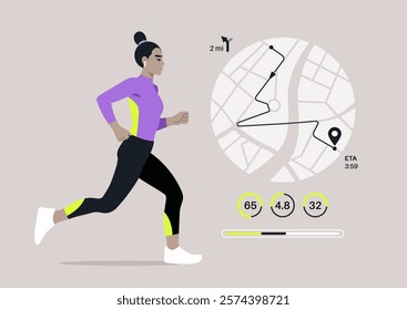 A female jogger strides confidently along a marked route, tracking her distance and performance metrics in a lively city, She embodies fitness and determination