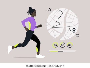 A female jogger strides confidently along a marked route, tracking her distance and performance metrics in a lively city, She embodies fitness and determination