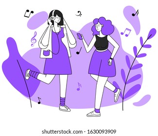 Female joggers with headphones vector illustration. Active rest, stroll, walking, activity, recreation. Young music listeners, women with earphones isolated flat contour characters
