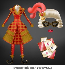 Female joker, harlequin suit, jester costume for carnival, costumed party realistic vector. Expensive checkered dress, wig with feathers, eye mask and painted lips, playing card isolated illustration