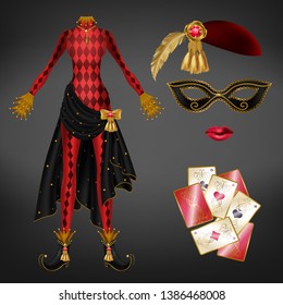 Female joker, harlequin suit realistic vector. Tight, red checkered dress, black skirt with golden bow, precious stone, twisted toe shoe, ruby and feather on hat, face mask, playing cards illustration