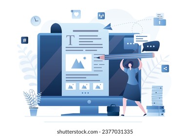 Female journalist or blogger create various media content. Blogging, copywriting or storytelling concept. Modern display with social network page or blog. Woman use pencil. Trendy vector illustration