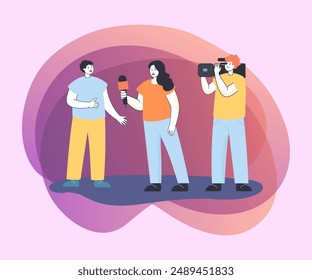 Female journalist and cameraman having interview with famous man. Cartoon journalist with microphone asking questions to famous star vector illustration. Interview, work, journalism concept