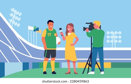 Female journalist with cameraman interviewing soccer player athlete. Football stadium. Footballer talking with TV presenter. Recording reportage. Sport competition news