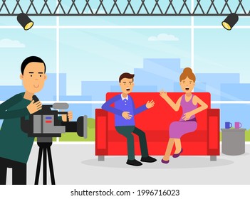 Female Journalist Conducting Interview Studio On Stock Vector Royalty Free