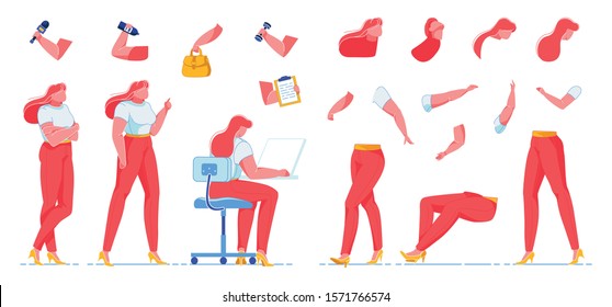 Female Journalist Creation Kit Flat Cartoon Vector Illustration. Girl with Red Hair Constructor, Body Parts in Different Poses. Woman Sitting at Table with Laptop, Crossing Hands. Microphone.