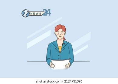 Female Journalist Doing News Reportage In Studio. Woman Tv Presenter Or Host Speak On Camera For Entertaining Show. Journalism And Entertainment. Flat Vector Illustration. 