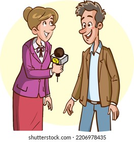female journalist doing street interview vector illustration