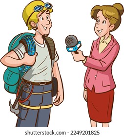female journalist interviewing the climber man cartoon vector