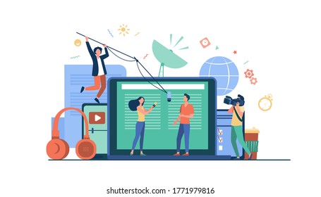 Female journalist with microphone interviewing man isolated flat vector illustration. Camera crew shooting TV reportage for news. Mass media and conversation concept