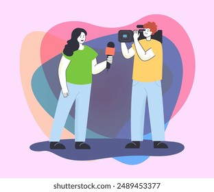 Female journalist with microphone and male videographer with camera working together. Flat vector illustration. Occupation, news, teamwork concept for banner or landing page