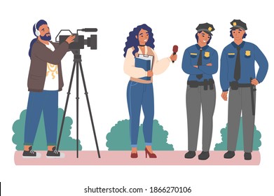 Female journalist, news reporter with microphone and cameraman interviewing police officers, flat vector illustration. Live reportage. Correspondent doing interview with policeman and policewoman.