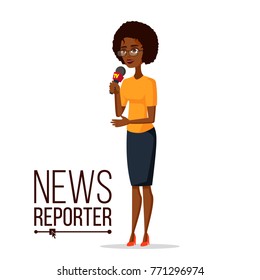 Female Journalist Vector. Microphone. Professional Reporter Isolated Flat Cartoon Character Illustration