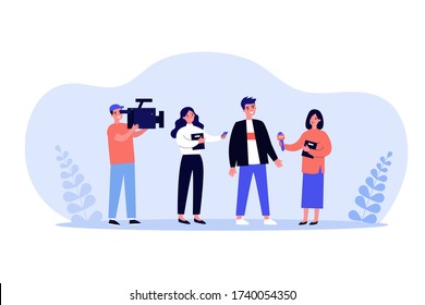 Female journalists with microphones interviewing man. Operator shooting reporters conversation with male character. Vector illustration for news, reportage, mass media concept